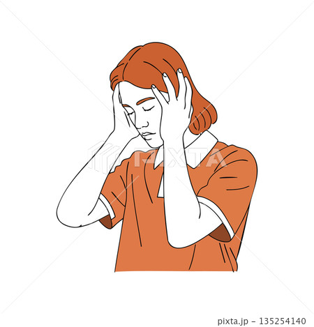 Woman with headache holding head in pain stress and discomfort vector illustration 135254140