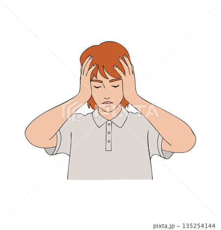 Boy with red hair holding head in hands expressing stress and frustration in casual shirt vector illustration Boy with red hair holding head in hands expressing stress and frustration in casual shirt vector illustration 135254144