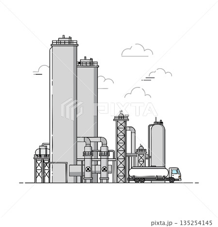 Industrial factory complex with storage tanks and tanker truck in clean line vector style for technology design 135254145