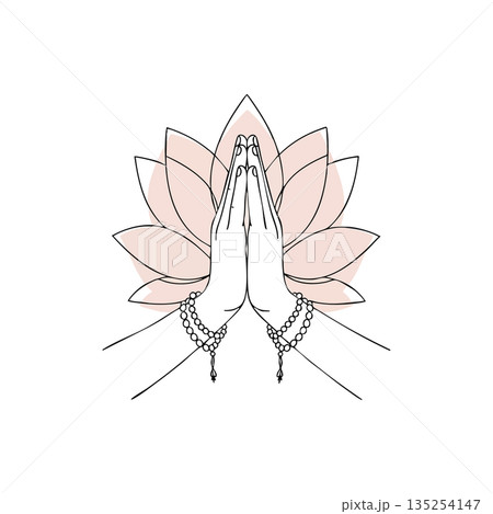 Praying hands with mala beads and pink lotus flower vector illustration for meditation and spirituality concepts 135254147
