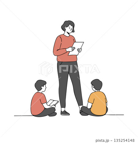 Teacher reading lesson to children sitting on floor in casual clothes learning education concept vector illustration Teacher reading lesson to children sitting on floor in casual clothes learning education concept vector illustration 135254148