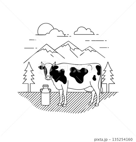 Cow standing near milk can with pine trees and mountain landscape in black and white vector illustration 135254160