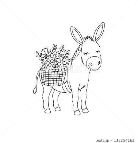Donkey carrying basket of flowers simple black and white line art vector drawing for coloring or design projects 135254162