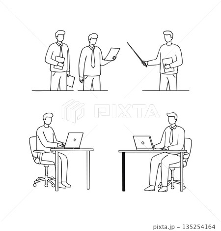 Businessman working and presenting in office with laptop and documents vector line art set Businessman working and presenting in office with laptop and documents vector line art set 135254164