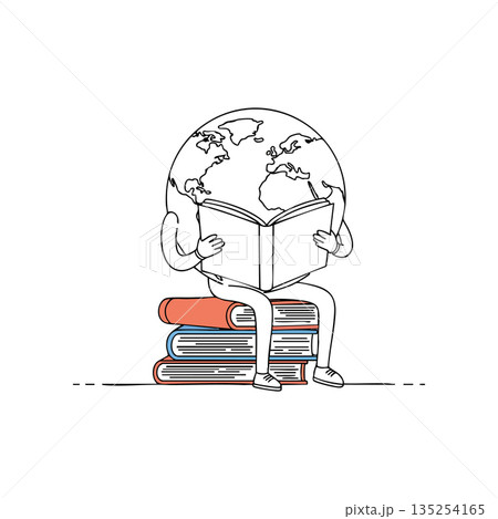 Globe character reading book sitting on stack of colorful books education knowledge learning concept vector illustration Globe character reading book sitting on stack of colorful books education knowledge learning concept vector illustration 135254165
