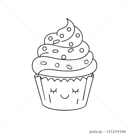 Cute smiling cupcake with frosting and sprinkles vector illustration for bakery design and dessert decoration Cute smiling cupcake with frosting and sprinkles vector illustration for bakery design and dessert decoration 135254166