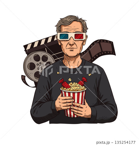 Older man wearing 3d glasses holding popcorn with film reel and clapperboard vector illustration 135254177