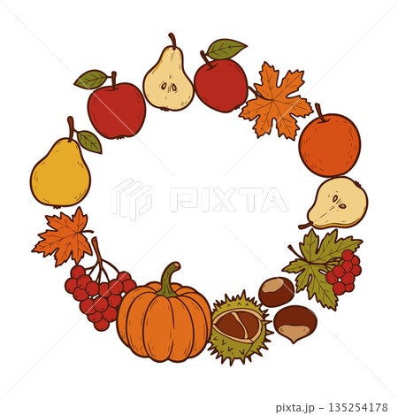Autumn wreath with pumpkin apples pears chestnuts and fall leaves vector illustration Autumn wreath with pumpkin apples pears chestnuts and fall leaves vector illustration 135254178