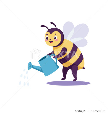 Cute bee watering plants with blue watering can vector illustration in nature scene Cute bee watering plants with blue watering can vector illustration in nature scene 135254196
