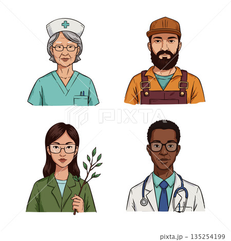 Diverse healthcare and labor professionals vector illustration with nurse doctor farmer and scientist 135254199