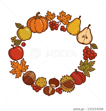 Autumn fruit and leaf wreath with pumpkin pear apple chestnuts seasonal decoration 135254200