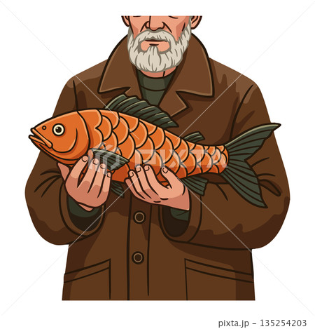 Man holding large orange fish with detailed scales in brown coat vector illustration Man holding large orange fish with detailed scales in brown coat vector illustration 135254203