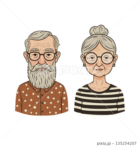 Elderly man with beard and woman with glasses in casual striped and polka dot clothing vector illustration 135254207