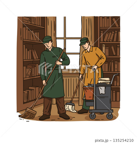 Two janitors cleaning library floor with mops and cleaning cart indoor scene vector 135254210