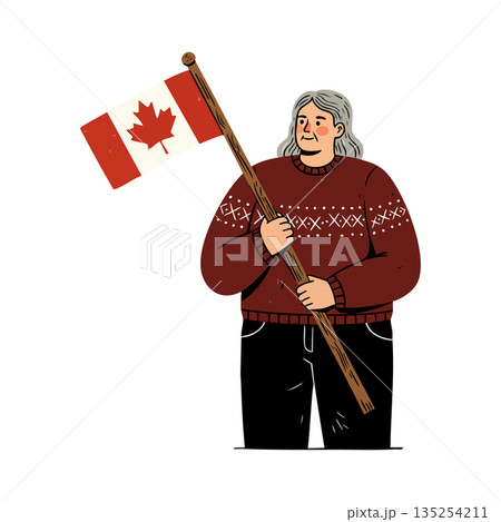 Older person holding Canadian flag vector illustration with red sweater and black pants 135254211