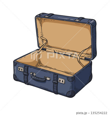 Vintage blue open suitcase empty travel luggage illustration vector design Vintage blue open suitcase empty travel luggage illustration vector design 135254222
