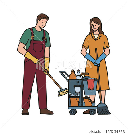 Male and Female Janitors Cleaning Together with Equipment and Protective Gloves 135254228