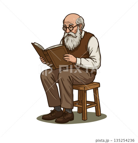 Elderly man reading book seated on wooden stool vector illustration with beard and glasses 135254236