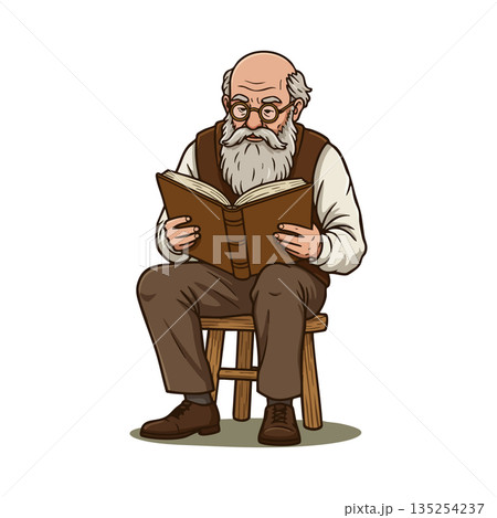 Elderly man reading book sitting on wooden chair vector illustration detailed character design Elderly man reading book sitting on wooden chair vector illustration detailed character design 135254237