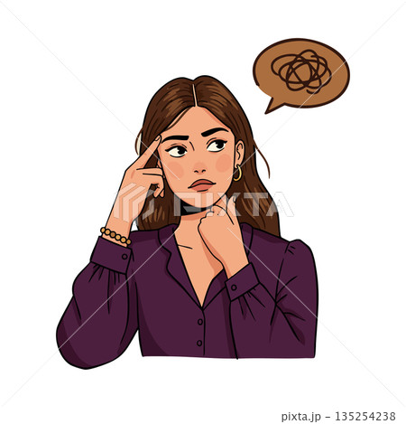Young woman thinking with confused expression and thought bubble vector illustration 135254238
