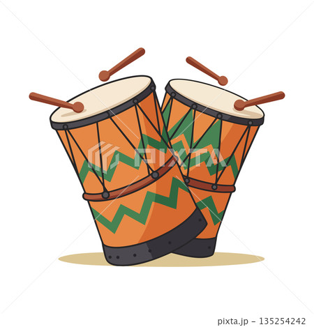 Pair of traditional orange and green decorated drums with brown drumsticks vector illustration Pair of traditional orange and green decorated drums with brown drumsticks vector illustration 135254242