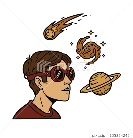 Young man wearing goggles looking at cosmic elements including meteor galaxy and planet vector illustration Young man wearing goggles looking at cosmic elements including meteor galaxy and planet vector illustration 135254243