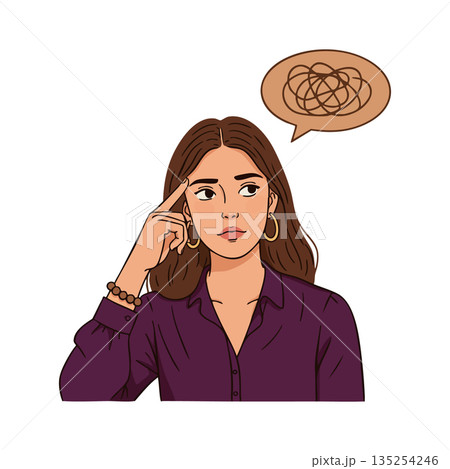 Woman with confused expression and tangled thought bubble vector illustration in purple shirt 135254246