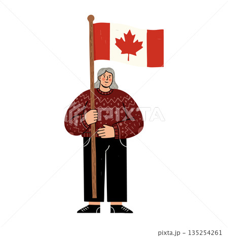 Canadian person holding national flag with red maple leaf symbol vector illustration Canadian person holding national flag with red maple leaf symbol vector illustration 135254261
