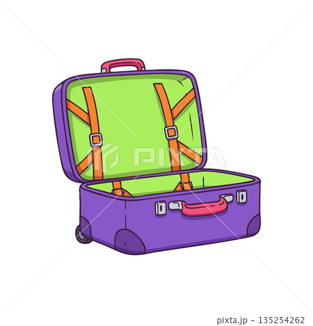 Purple and green open suitcase with orange straps travel luggage vector illustration 135254262