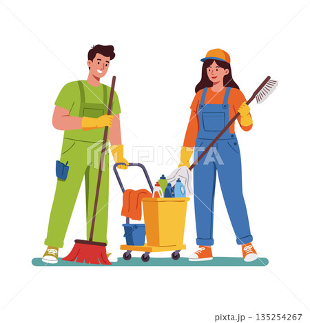 Male and Female Cleaners with Mops and Cleaning Supplies in Uniform Illustration Male and Female Cleaners with Mops and Cleaning Supplies in Uniform Illustration 135254267