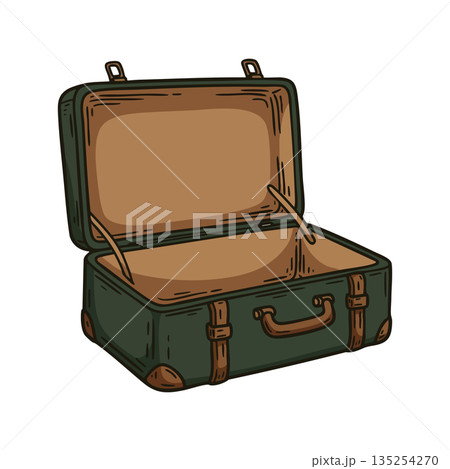 Vintage green open suitcase with brown leather straps and handles vector illustration Vintage green open suitcase with brown leather straps and handles vector illustration 135254270