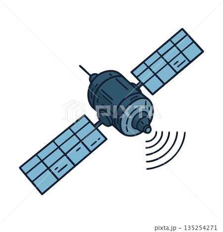 Satellite with solar panels and signal transmission vector illustration in blue tones 135254271