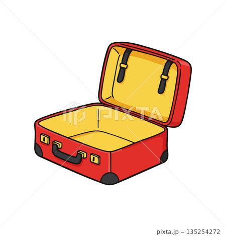 Red open suitcase with yellow interior for travel packing and storage vector illustration 135254272