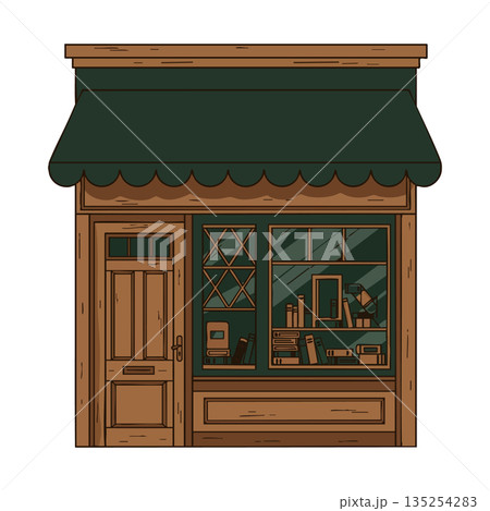 Small wooden bookstore front with green awning and window display vector illustration Small wooden bookstore front with green awning and window display vector illustration 135254283