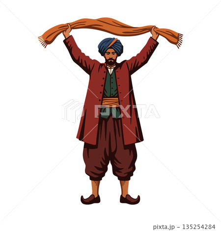 Man in Traditional Ottoman Clothing Raising Scarf with Turban and Red Coat Vector Illustration 135254284