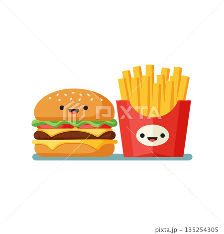 Cute hamburger and french fries cartoon characters smiling vector illustration 135254305