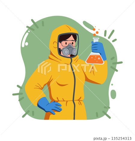 Scientist in yellow hazmat suit holding laboratory flask with orange liquid vector illustration 135254313
