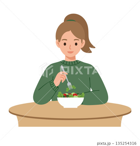 Woman Eating Healthy Salad at Table in Casual Green Sweater Vector Illustration Woman Eating Healthy Salad at Table in Casual Green Sweater Vector Illustration 135254316