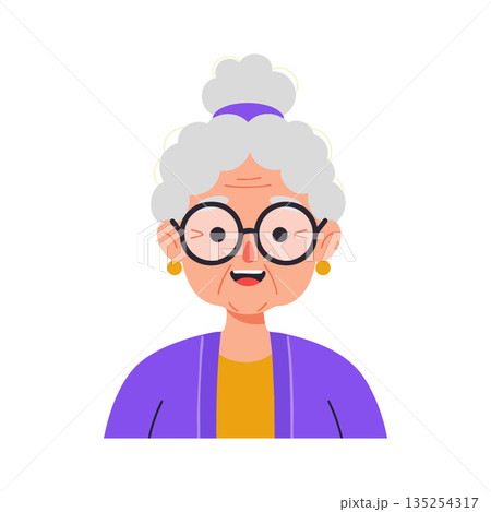 Elderly woman smiling with glasses gray hair purple jacket vector illustration 135254317