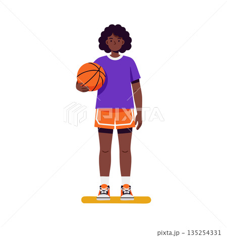 Female basketball player holding ball in sportswear vector illustration standing pose 135254331