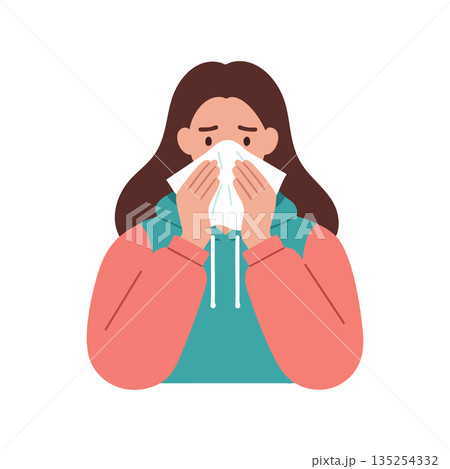 Woman blowing nose with tissue vector illustration of cold or allergy symptoms in teal and coral hoodie Woman blowing nose with tissue vector illustration of cold or allergy symptoms in teal and coral hoodie 135254332