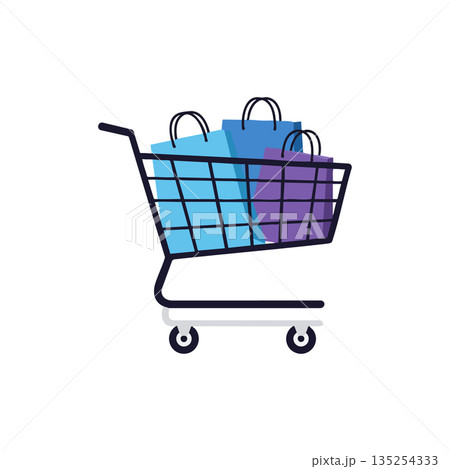 Shopping cart filled with blue and purple shopping bags vector illustration for retail and ecommerce 135254333