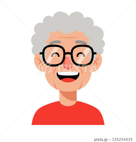 Elderly smiling person with gray hair wearing glasses and red shirt vector illustration cheerful expression Elderly smiling person with gray hair wearing glasses and red shirt vector illustration cheerful expression 135254335