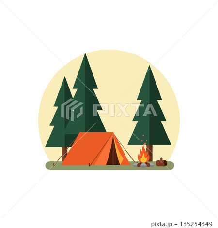 Camping scene with pine trees and campfire...のイラスト素材 [135254349] - PIXTA