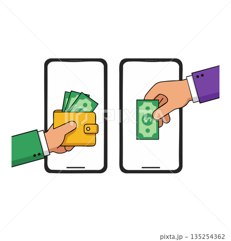 Mobile payment transaction with hand holding wallet and cash inside smartphone screens vector illustration 135254362