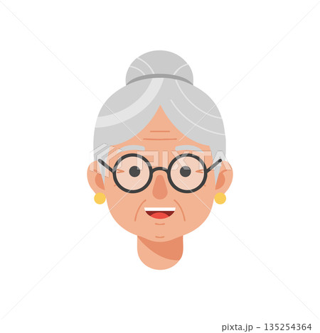 Elderly woman smiling with glasses gray hair bun vector illustration portrait 135254364