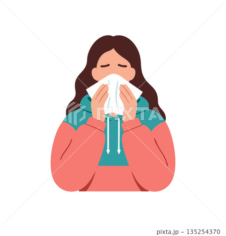 Woman blowing nose with tissue vector illustration in pink and teal hoodie 135254370