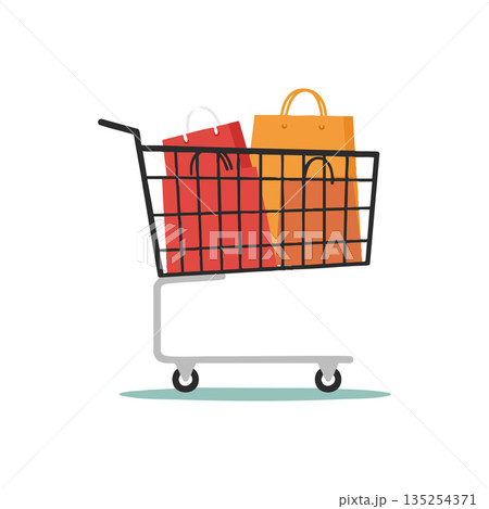 Shopping cart with red and orange paper bags for retail and consumer purchase concept 135254371