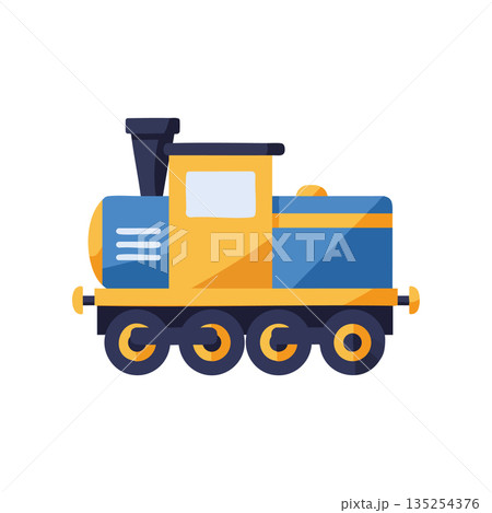 Colorful yellow and blue cartoon train locomotive vector illustration with wheels 135254376