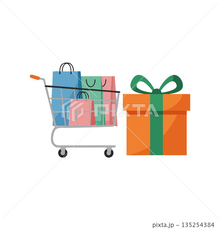 Shopping cart with colorful bags and orange gift box with green ribbon vector illustration Shopping cart with colorful bags and orange gift box with green ribbon vector illustration 135254384